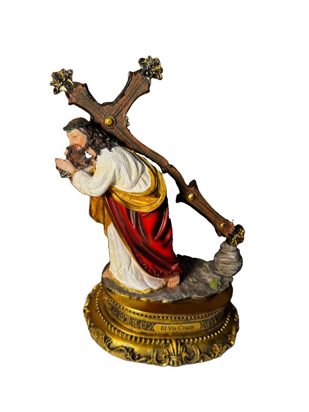 Religious Jesus Carrying Cross Figurine in Red, White 12”